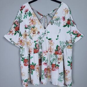 Entro Womens Floral Babydoll Top Size Large White Pink V Neck Boho Flowy NWT